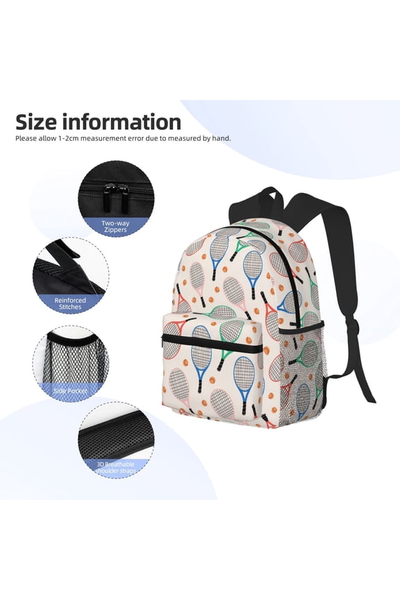 Cute Tennis Racket Print Backpack, Waterproof Backpack with Adjustable Shoulder Straps, Suitable for Campus, Business, Travel, Unisex