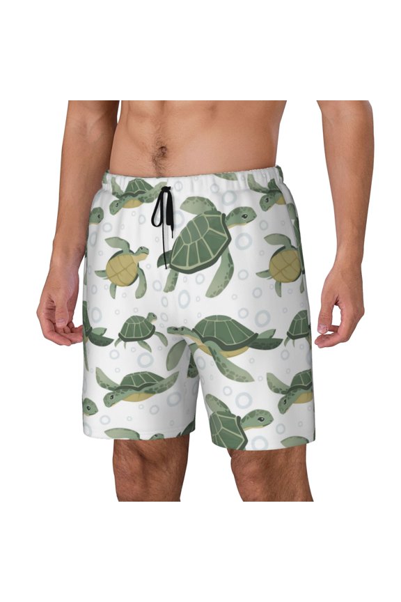 Cute Turtle Print Men's Double Layer Sports Swim Trunks, Quick Dry Adjustable Waist Swim Shorts Swimwear-Small