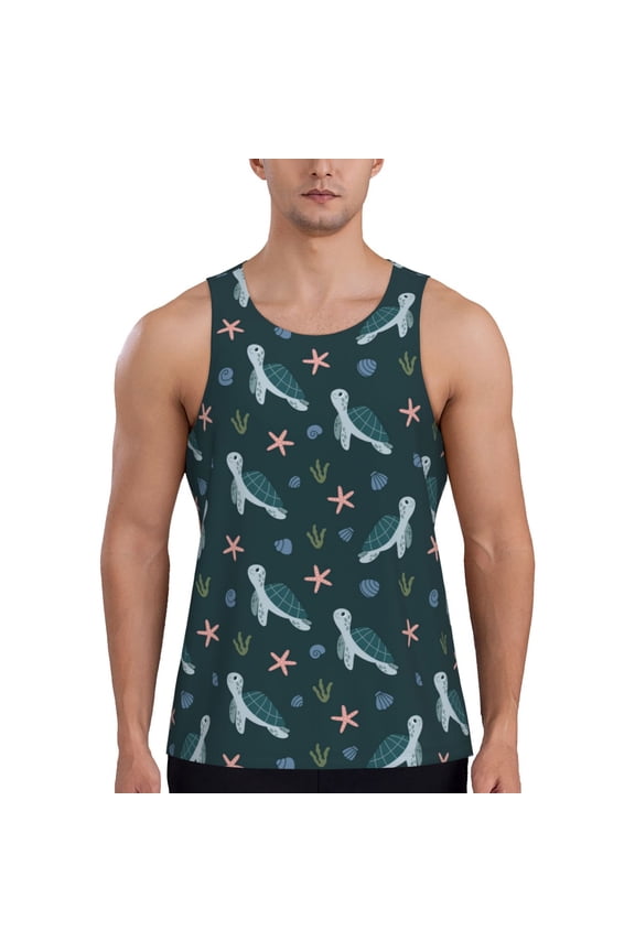 Cute Turtle Print Men's Quick Dry Fitness Vest, Round Neck Sleeveless Fitness Bodybuilding Top-X-Large