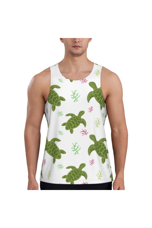 Cute Turtle Print Men's Quick Dry Fitness Vest, Round Neck Sleeveless Fitness Bodybuilding Top-X-Large