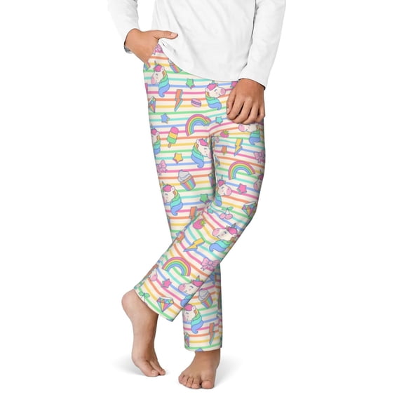 Gukieu Cute Unicorn Print Youth Home Trousers, Elastic Waistband with Pockets for Home and Outing, Suitable for Children Aged 5-16-XS(5-6)