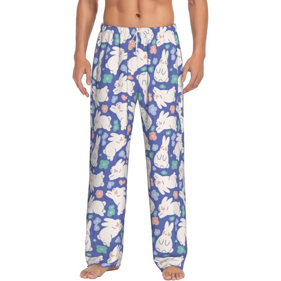 Gukieu Cute White Rabbit Print Men's Home Trousers, Elastic Drawstring Home Pajamas Clothing Suitable for Adult Men-Large