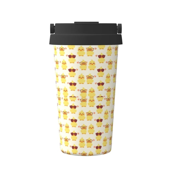 Gukieu Cute Yellow Duck Print Insulated Coffee Cup, Portable Stainless Steel Vacuum Cup with Lid, Unisex, Suitable for Office, Cafe, Car