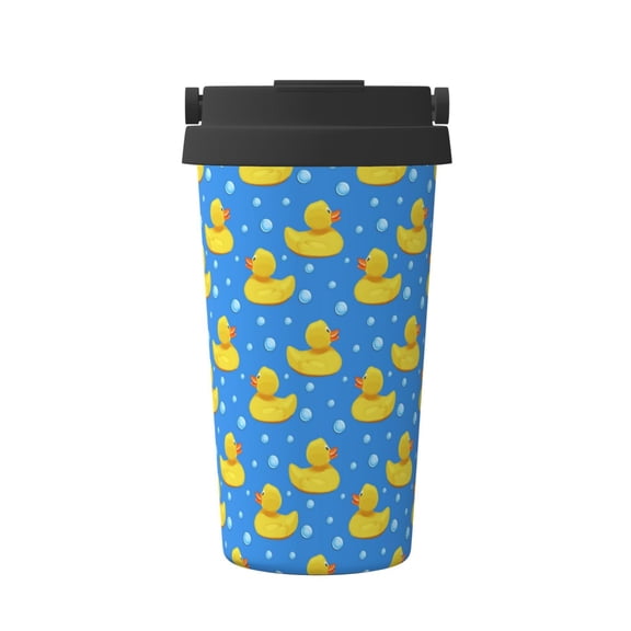 Gukieu Cute Yellow Rubber Ducks Print Insulated Coffee Cup, Portable Stainless Steel Vacuum Cup with Lid, Unisex, Suitable for Office, Cafe, Car