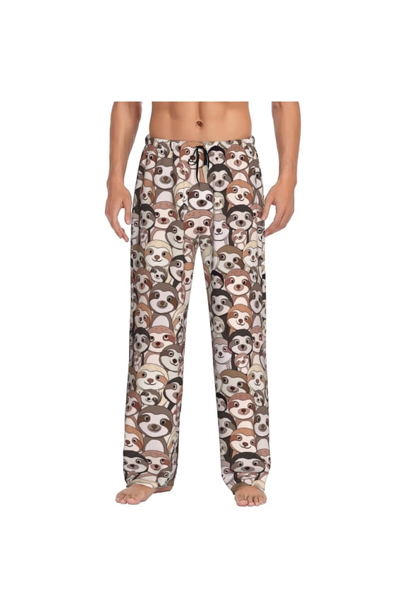 Cute brown sloth monkey Print Men's Home Trousers, Elastic Drawstring Home Pajamas Clothing Suitable for Adult Men-Medium