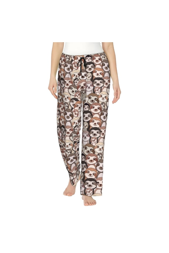 Brown Sloth Print Women's Home Trousers, with Pockets and Drawstring Pajamas, Home Pajamas, Sleepwear-Medium