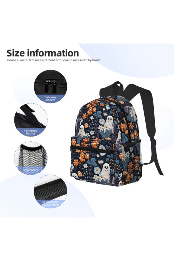 Cute ghost in the flowers Print Backpack, Waterproof Backpack with Adjustable Shoulder Straps, Suitable for Campus, Business, Travel, Unisex