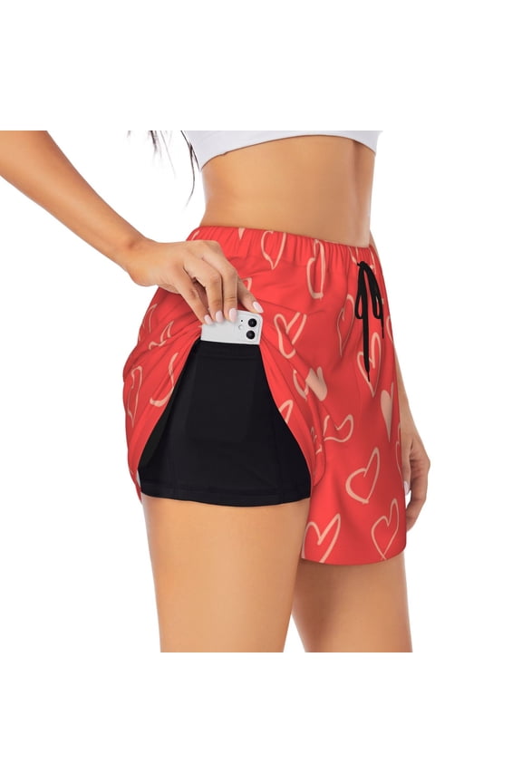 Cute love heart Print Women's Sports Shorts with Drawstring Elastic Waistband for Running, Yoga, Fitness-Small
