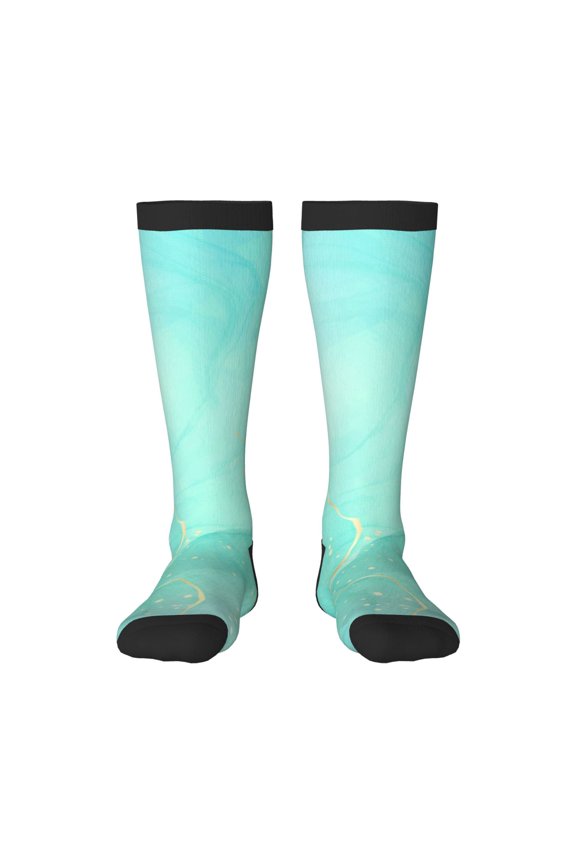 Cyan Mint Marble Print Contrast Color Stockings, Elastic Sports Socks Warm Socks Clothing Accessories, Adult Unisex