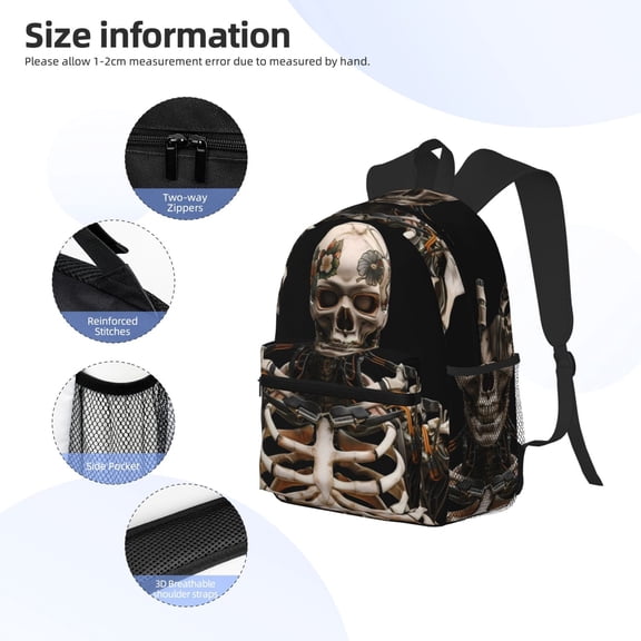 Gukieu Cyber Skeleton With Tattoos Print Backpack, Waterproof Backpack with Adjustable Shoulder Straps, Suitable for Campus, Business, Travel, Unisex