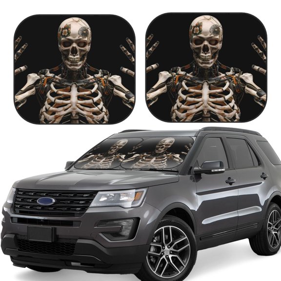Gukieu Cyber Skeleton With Tattoos Print Car Windshield Sun Visor, Foldable Anti-UV Car Sun Visor Suitable for Vans, Trucks Car Accessories-Small