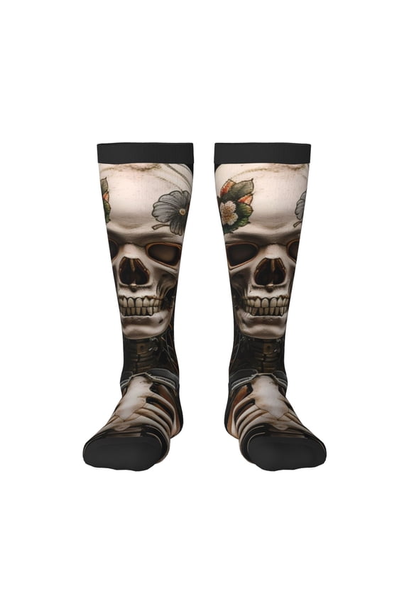 Cyber Skeleton With Tattoos Print Contrast Color Stockings, Elastic Sports Socks Warm Socks Clothing Accessories, Adult Unisex