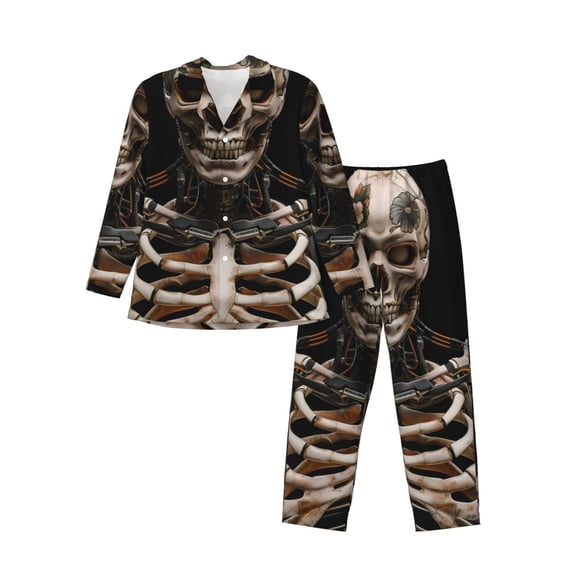 Gukieu Cyber Skeleton With Tattoos Print Men's Long-sleeved Pajamas Set, Elastic Waist Pajamas Button-down Pajamas Two-piece Set, Suitable for Adult Male Home Wear-X-Large