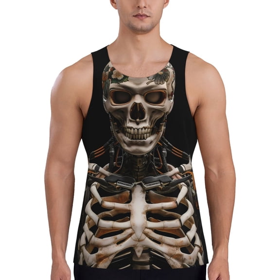 Gukieu Cyber Skeleton With Tattoos Print Men's Quick Dry Fitness Vest, Round Neck Sleeveless Fitness Bodybuilding Top-3X-Large
