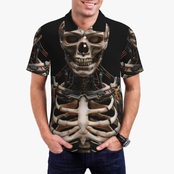 Gukieu Cyber Skeleton With Tattoos Print Men's Quick-drying POLO Shirt, Button-down Summer T-shirt, Suitable for Work and Outdoor Activities-Small