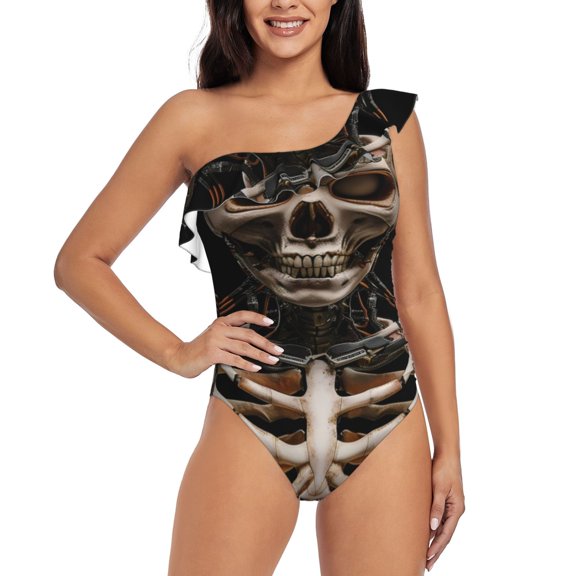 Gukieu Cyber Skeleton With Tattoos Print One-shoulder Ruffled One-piece Swimsuit with Removable Chest Pads and Tummy-control Swimsuit for Women-Medium
