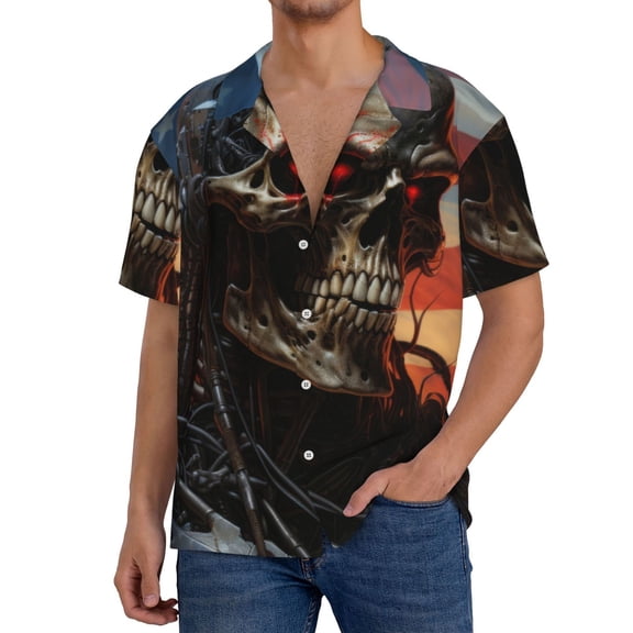 Gukieu Cyberpunk Skull American Flag Print Men's Short-sleeved Shirts, Button-down Pocket Shirts, T-shirts, Beach Vacation Travel Summer Clothing-Medium