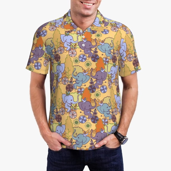 Gukieu Cycling Elephant On Bicycle In Park Print Men's Quick-drying POLO Shirt, Button-down Summer T-shirt, Suitable for Work and Outdoor Activities-Small