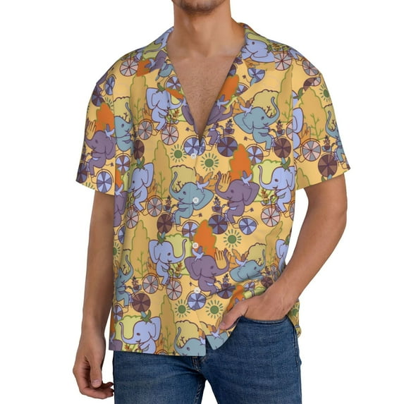 Gukieu Cycling Elephant On Bicycle In Park Print Men's Short-sleeved Shirts, Button-down Pocket Shirts, T-shirts, Beach Vacation Travel Summer Clothing-Large