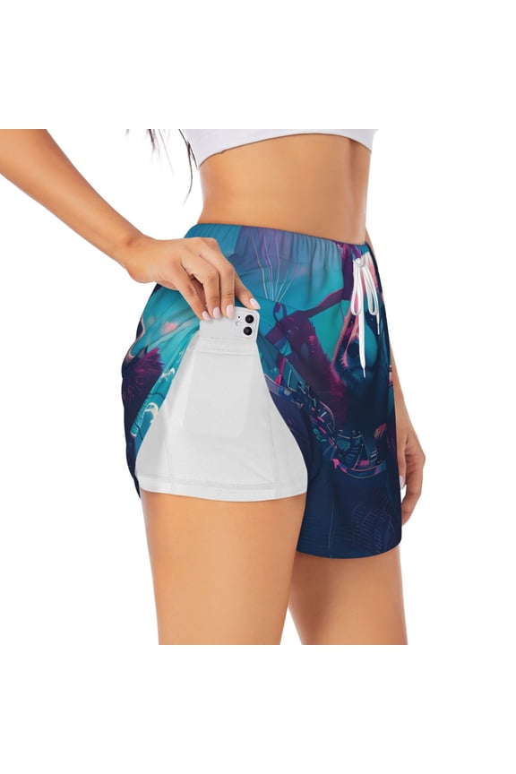 DJ Panda Hot Air Balloon Print Women's Sports Shorts with Drawstring Elastic Waistband for Running, Yoga, Fitness-Large
