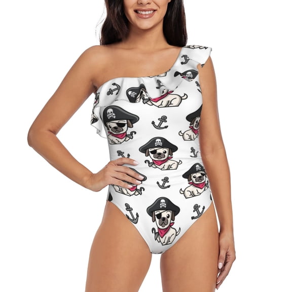 Gukieu DOG IS WEARING PIRATE COSTUME Print One-shoulder Ruffled One-piece Swimsuit with Removable Chest Pads and Tummy-control Swimsuit for Women-Small