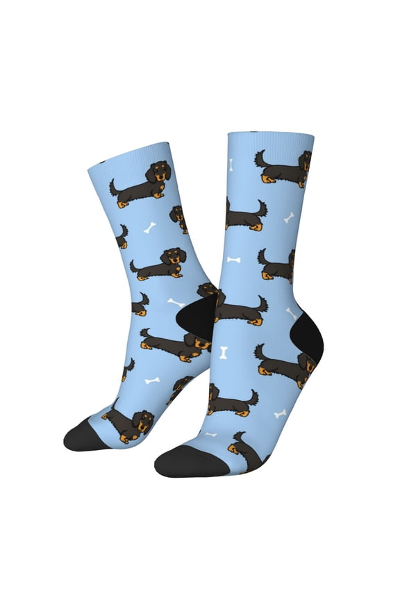 Dachshund Dog Print Contrast Color Mid-calf Socks, Sweat-wicking Athletic Socks, Unisex Clothing Accessories