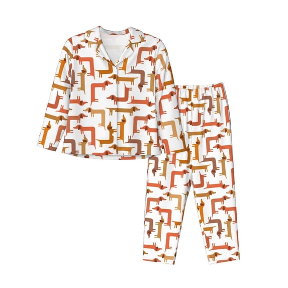 Gukieu Dachshund Dog Print Women's Long Sleeve Pajama Set, Button Top Elastic Pocket Pajama Pants Two Piece Set Home Wear-X-Large