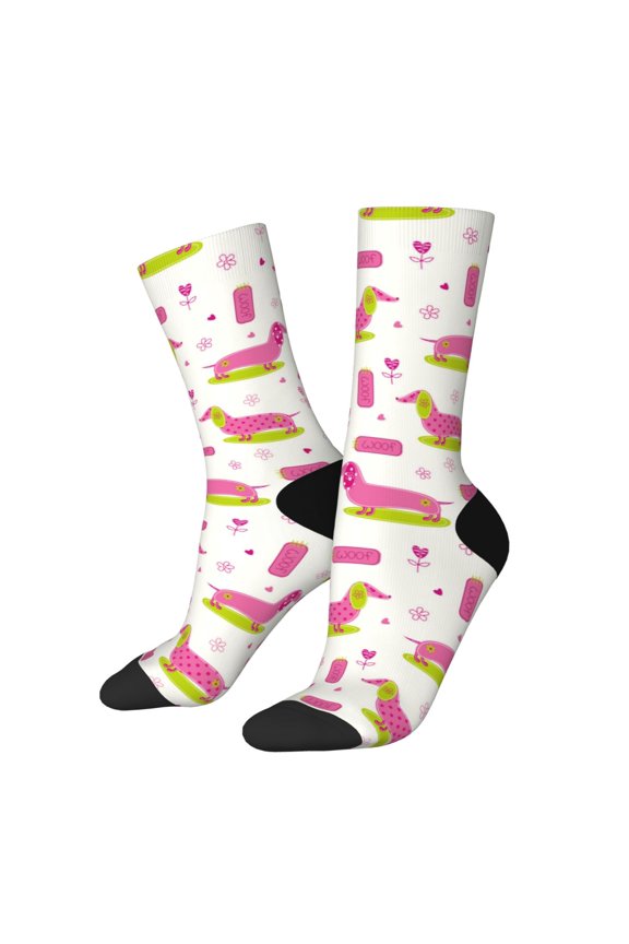 Dachshund Dog Puppy Print Contrast Color Mid-calf Socks, Sweat-wicking Athletic Socks, Unisex Clothing Accessories