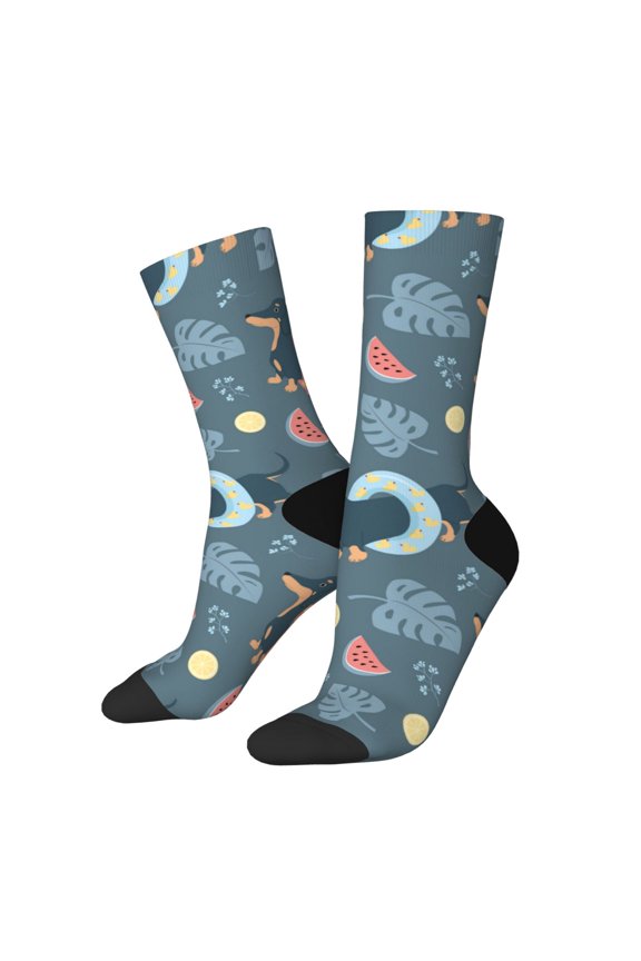 Dachshund Dog Puppy Print Contrast Color Mid-calf Socks, Sweat-wicking Athletic Socks, Unisex Clothing Accessories