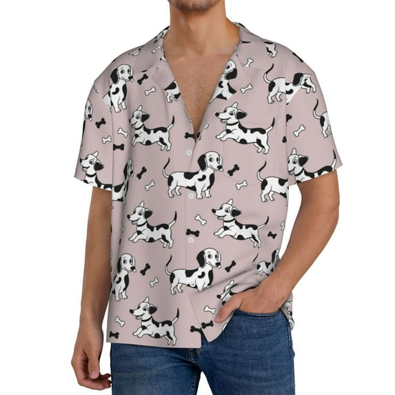 Gukieu Dachshund Dog Puppy Print Men's Short-sleeved Shirts, Button-down Pocket Shirts, T-shirts, Beach Vacation Travel Summer Clothing-Small