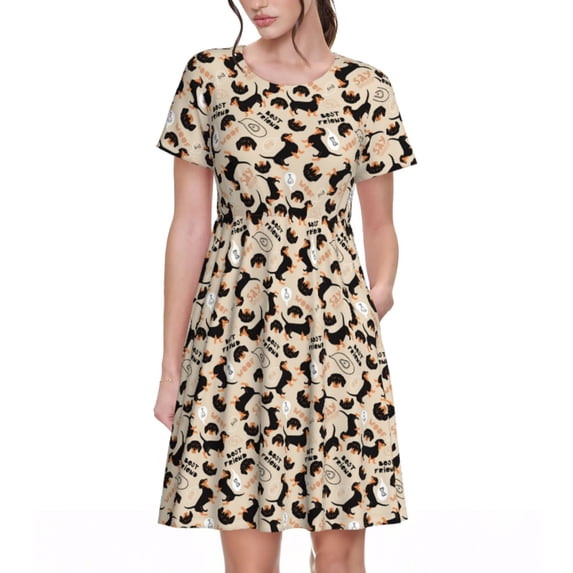 Gukieu Dachshund Dog Puppy Print Women's Short Sleeve Dress, Elastic Waistband A-line with Pockets Summer Dress, Suitable for Daily Leisure, Work, Vacation