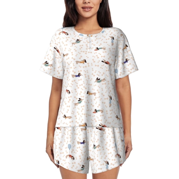 Gukieu Dachshund Dog Puppy Print Women's Short-sleeved Pajama Set, Round Neck Button Top Elastic Shorts 2-piece Set, Summer Home Leisure Clothing-Medium