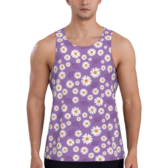 Gukieu Daisies Flowers Print Men's Quick Dry Fitness Vest, Round Neck Sleeveless Fitness Bodybuilding Top-Large