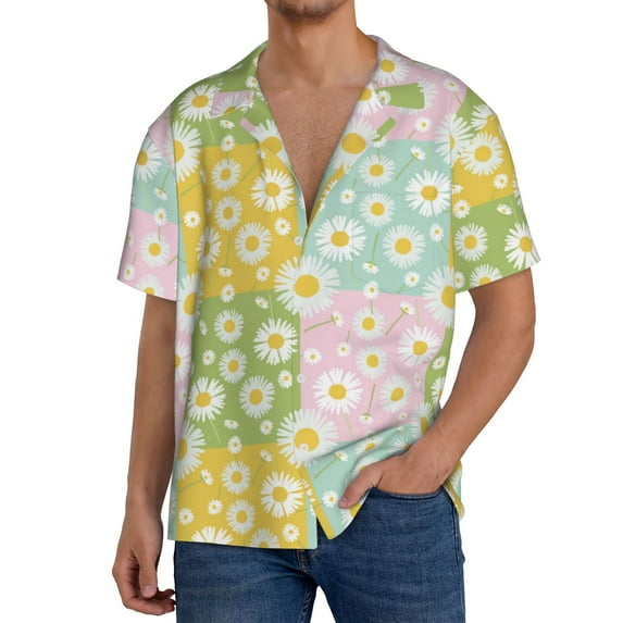 Gukieu Daisies Flowers Print Men's Short-sleeved Shirts, Button-down Pocket Shirts, T-shirts, Beach Vacation Travel Summer Clothing-XX-Large