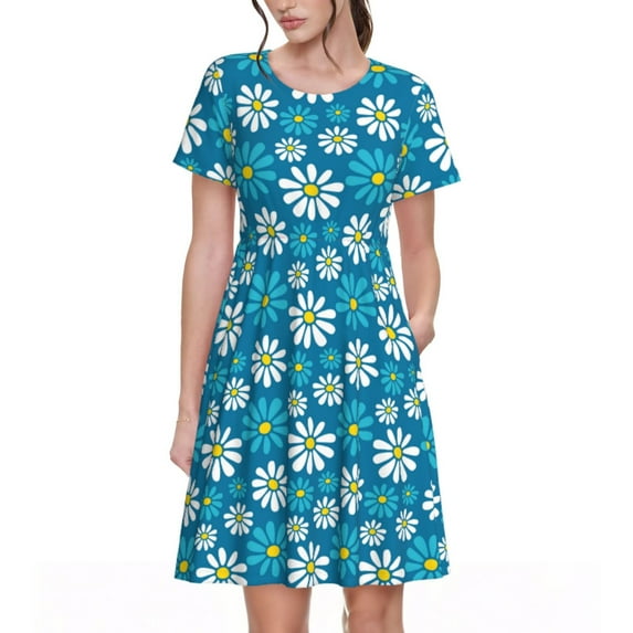 Gukieu Daisies Flowers Print Women's Short Sleeve Dress, Elastic Waistband A-line with Pockets Summer Dress, Suitable for Daily Leisure, Work, Vacation
