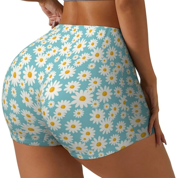 Gukieu Daisy Floral A Print Women's Sports Shorts, Elastic Waist High Stretch Running Yoga Gym Sweatpants-Medium