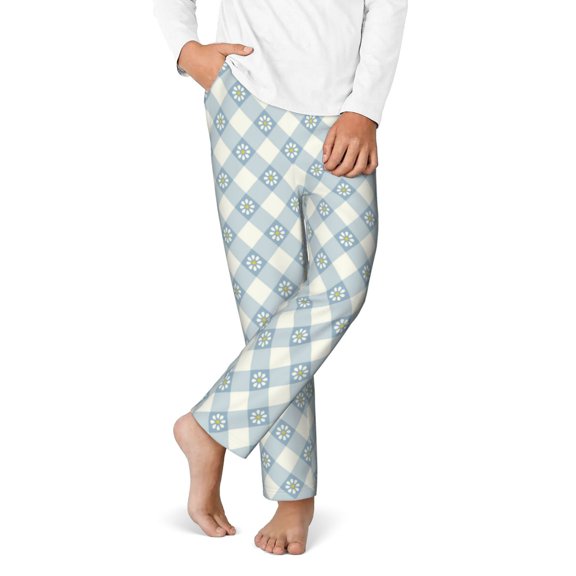 Gukieu Daisy Plaid Blue Print Youth Home Trousers, Elastic Waistband with Pockets for Home and Outing, Suitable for Children Aged 5-16-Large