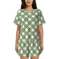 thumbnail image 1 of Gukieu Daisy Plaid Green Print Women's Short-sleeved Pajama Set, Round Neck Button Top Elastic Shorts 2-piece Set, Summer Home Leisure Clothing-4X-Large, 1 of 6