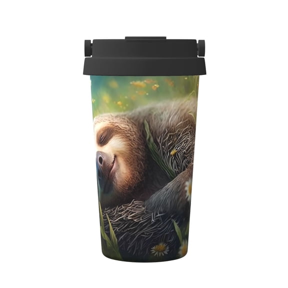 Gukieu Daisy Sleeping Sloth Print Insulated Coffee Cup, Portable Stainless Steel Vacuum Cup with Lid, Unisex, Suitable for Office, Cafe, Car