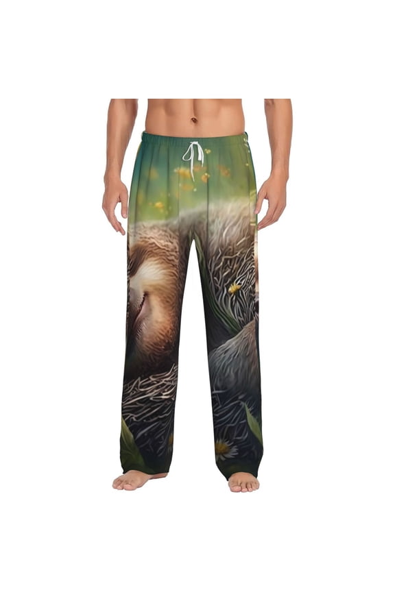 Daisy Sleeping Sloth Print Men's Home Trousers, Elastic Drawstring Home Pajamas Clothing Suitable for Adult Men-Large