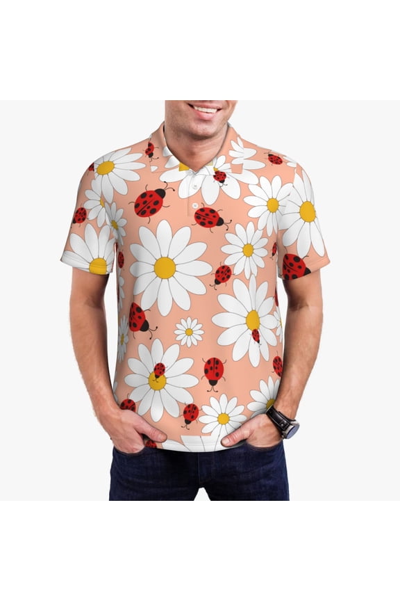 Daisy and Ladybug Print Men's Quick-drying POLO Shirt, Button-down Summer T-shirt, Suitable for Work and Outdoor Activities-Small