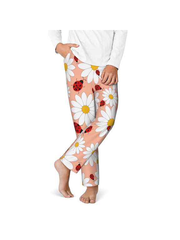 Daisy and Ladybug Print Youth Home Trousers, Elastic Waistband with Pockets for Home and Outing, Suitable for Children Aged 5-16-XS(5-6)
