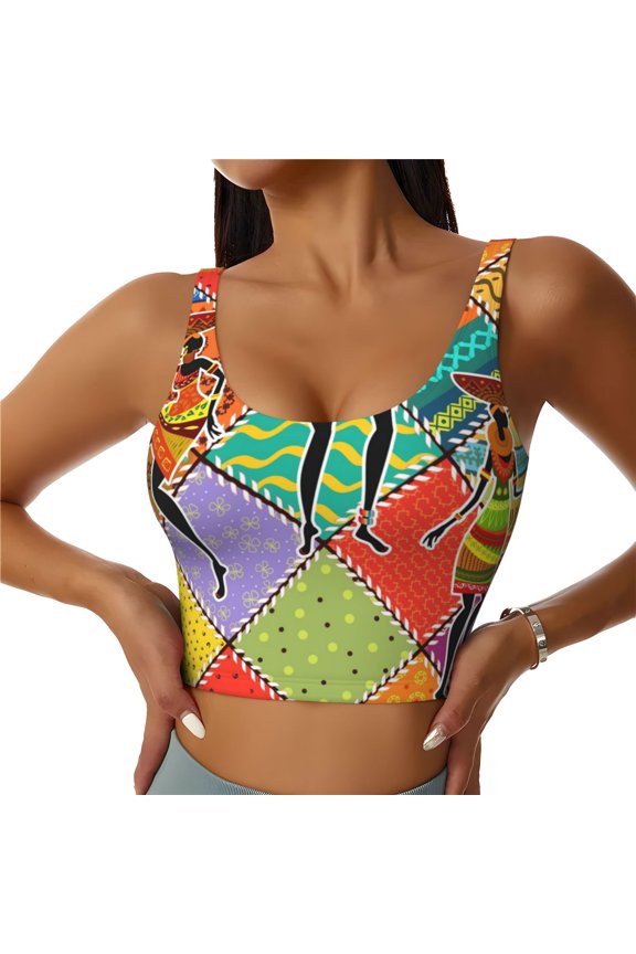 Dancing African Womans Print Women's Sports Vest, Low-neck U-shaped Removable Pad Sports Bra for Yoga, Exercise, Dance-Medium