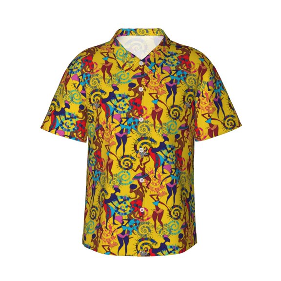 Gukieu Dancing African Women Print Men's Short-sleeved Shirts, Button-down Lapel Hawaiian Shirts, T-shirts, Beach Vacation Summer Casual Wear,Medium