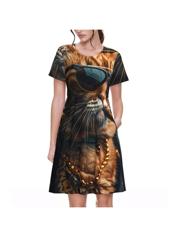 Dapper Cat in Sunglasses Print Women's Short Sleeve Dress, Elastic Waistband A-line with Pockets Summer Dress, Suitable for Daily Leisure, Work, Vacation