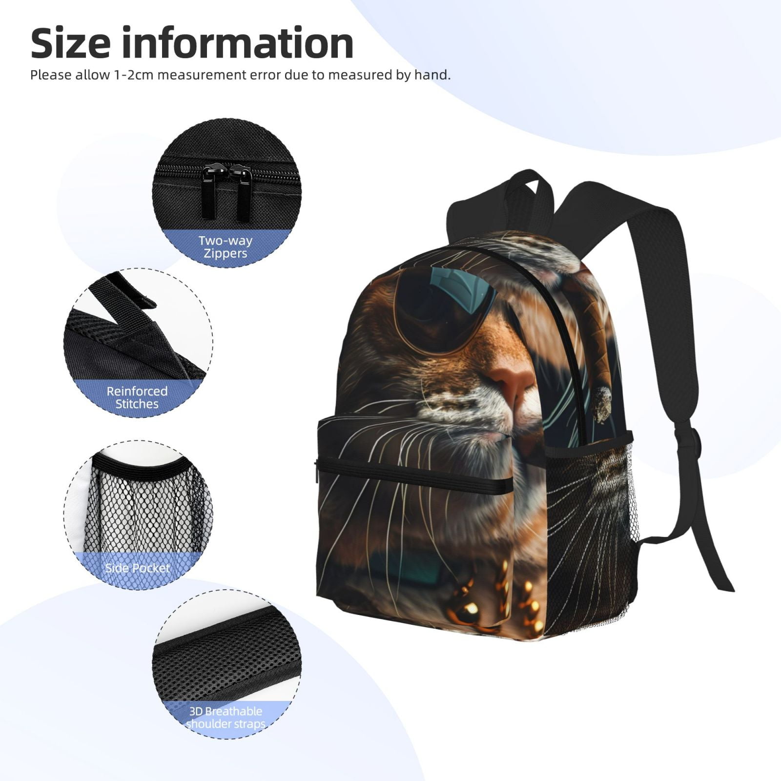 Gukieu Dapper Cat in Sunglasses Print Backpack, Waterproof Backpack with Adjustable Shoulder Straps, Suitable for Campus, Business, Travel, Unisex