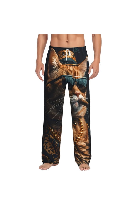 Dapper Cat in Sunglasses Print Men's Home Trousers, Elastic Drawstring Home Pajamas Clothing Suitable for Adult Men-Large