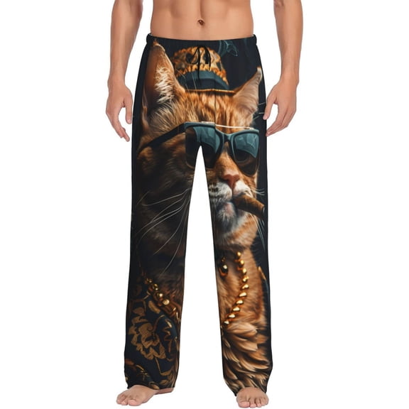 Gukieu Dapper Cat in Sunglasses Print Men's Home Trousers, Elastic Drawstring Home Pajamas Clothing Suitable for Adult Men-Medium