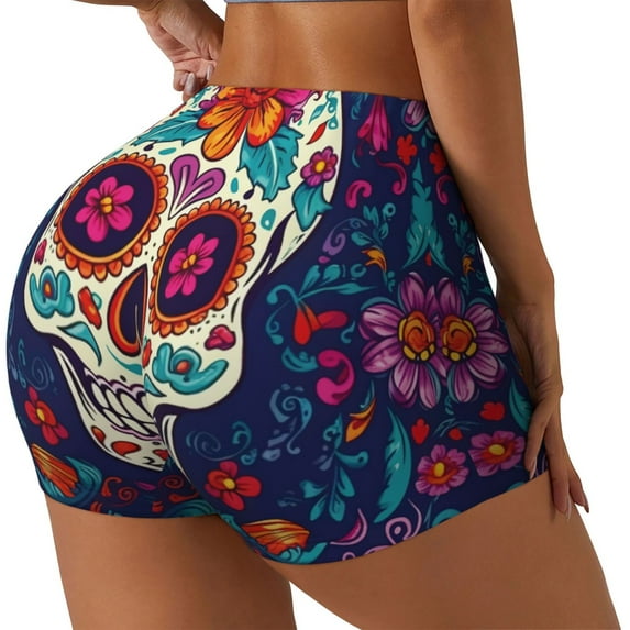 Gukieu Dead Day Party Print Women's Sports Shorts, Elastic Waist High Stretch Running Yoga Gym Sweatpants-X-Large
