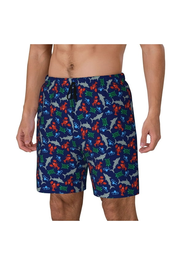 Deep Down In The Ocean Print Men's Double Layer Sports Swim Trunks, Quick Dry Adjustable Waist Swim Shorts Swimwear-Large